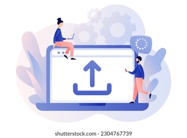 Upload symbol. Load sign. Tiny people uploading data, files from laptop. Data exchange concept. Modern flat cartoon style. Vector illustration on white background
