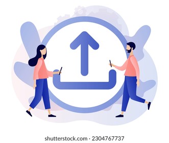 Upload symbol. Tiny people uploading data, files. Load sign. Data exchange concept. Modern flat cartoon style. Vector illustration on white background