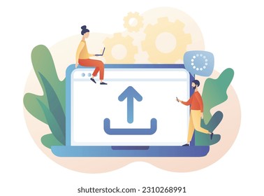 Cargar símbolo. Pequeñas personas cargando datos, archivos desde una laptop. Cargar signo. Concepto de intercambio de datos. Estilo moderno de dibujos animados planos. Ilustración del vector sobre fondo blanco

