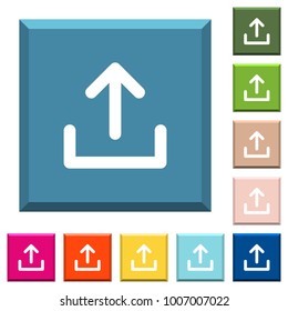 Upload symbol white icons on edged square buttons in various trendy colors