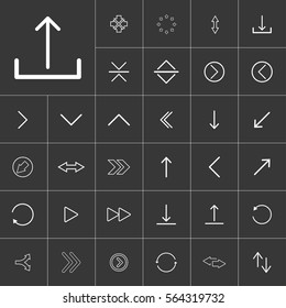 upload thin line arrow icon set for use in different applications, media libraries. On a gray background
