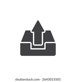 Upload tray solid glyph icon. A vector icon of an arrow pointing up from a tray. This solid icon is a glyph symbol for data upload or cloud transfer.