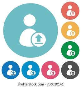 Upload user account flat white icons on round color backgrounds