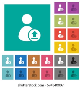 Upload user account multi colored flat icons on plain square backgrounds. Included white and darker icon variations for hover or active effects.