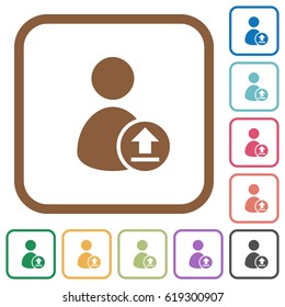 Upload user account simple icons in color rounded square frames on white background