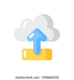 Upload vector flat color icon. Sending information to remote cloud server. Online data storage. Smartphone interface button. Cartoon style clip art for mobile app. Isolated RGB illustration