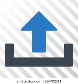 Upload vector icon. Illustration style is flat iconic bicolor smooth blue symbol on a hatched transparent background.
