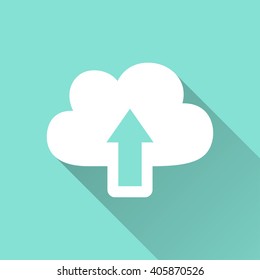Upload   vector icon with long shadow. White illustration isolated on green background for graphic and web design.  