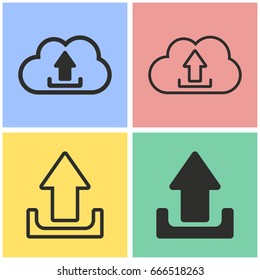 Upload vector icon with long shadow. Black illustration isolated on color background for graphic and web design.