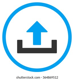 Upload vector icon. Style is bicolor flat circled symbol, blue and gray colors, rounded angles, white background.