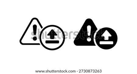 Upload and warning icons: black and white exclamation mark symbols for caution and information.