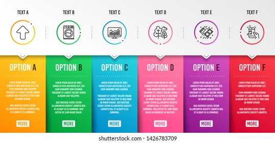 Upload, Washing machine and Tree icons simple set. Payment, Statistics and Music phone signs. Load arrowhead, Laundry service. Infographic template. 6 steps timeline. Business options. Vector