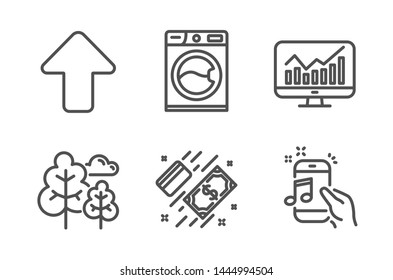Upload, Washing machine and Tree icons simple set. Payment, Statistics and Music phone signs. Load arrowhead, Laundry service. Line upload icon. Editable stroke. Vector