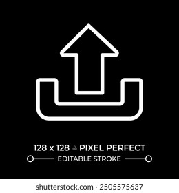 Upload white linear icon for dark theme. Upward arrow. User interface button. Data transfer and management. Files transfer. Thin line illustration. Isolated symbol for night mode. Editable stroke