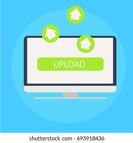 Upload from your computer banner. Green Arrows coming from the monitor. Vector flat illustration