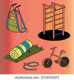 The uploaded image is a vibrant, minimalist vector-style illustration featuring five distinct pieces of fitness and exercise equipment arranged in a loose, balanced composition against a solid