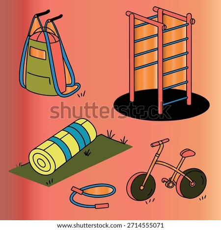 The uploaded image is a vibrant, minimalist vector-style illustration featuring five distinct pieces of fitness and exercise equipment arranged in a loose, balanced composition against a solid