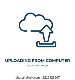 Uploading from computer icon. Linear vector illustration from cloud computing collection. Outline uploading from computer icon vector. Thin line symbol for use on web and mobile apps, logo, print 
