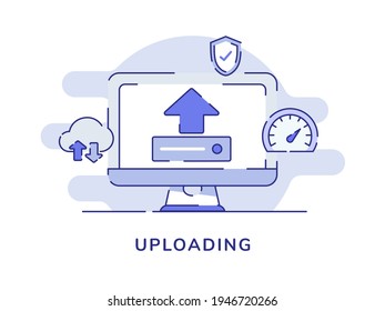 uploading concept arrow up on desktop screen white isolated background with dashed line style