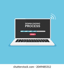 Uploading file to computer. Download and save process. Document icon loads on the laptop display. Vector illustration in trendy flat style