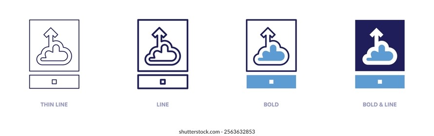 Uploading icon in 4 different styles. Thin Line, Line, Bold, and Bold Line. Duotone style. Editable stroke.