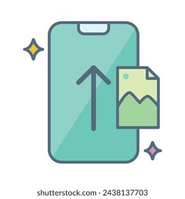 Uploading image on mobile phone icon. Display application icon
