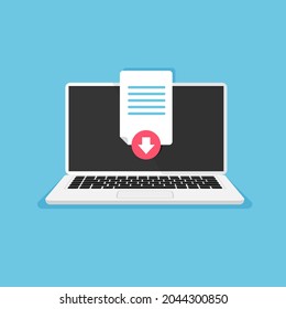 PDF-Datei auf den Computer hochladen. Prozess herunterladen und speichern. Das Dokumentsymbol wird auf der Notebook-Anzeige geladen. Vektorgrafik im trendigen Flachstil.