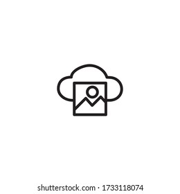 Uploading pictures to cloud storage. Line icon design.