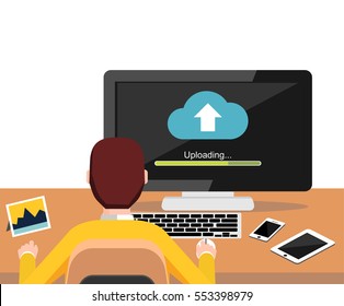 Uploading process on desktop screen concept. Person working on computer. Modern flat design for Web Banner , Website Element , Brochures, or Book cover