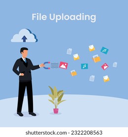 Uploading process on screen concept. Person working on computer. Modern flat design for Web Banner , Website Element , Brochures, or Book cover