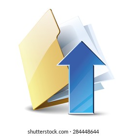 Uploading vector icon, folder with blue arrow isolated on white background