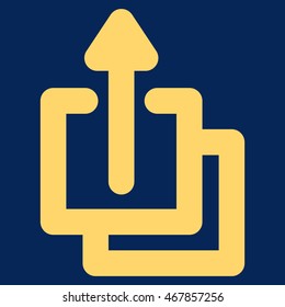 Uploads vector icon. Style is linear flat icon symbol, yellow color, blue background.