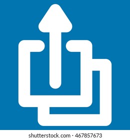 Uploads vector icon. Style is outline flat icon symbol, white color, blue background.