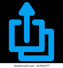 Uploads vector icon. Style is outline flat icon symbol, blue color, black background.