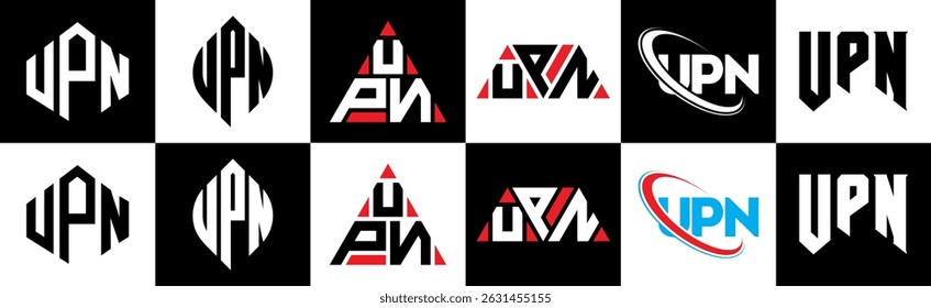 UPN letter logo design in six style. UPN polygon, circle, triangle, hexagon, flat and simple style with black and white color variation letter logo set in one artboard. UPN minimalist and classic logo