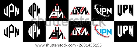 UPN letter logo design in six style. UPN polygon, circle, triangle, hexagon, flat and simple style with black and white color variation letter logo set in one artboard. UPN minimalist and classic logo