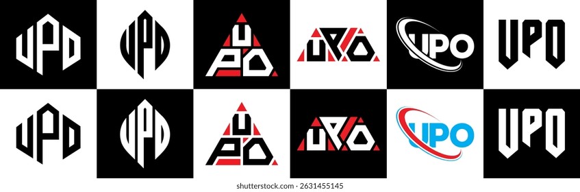 Projeto de logotipo de letra UPO em estilo seis. Polígono UPO, círculo, triângulo, hexágono, plano e estilo simples com cor preta e branca variação letra logotipo definido em uma prancheta. UPO minimalista e logotipo clássico