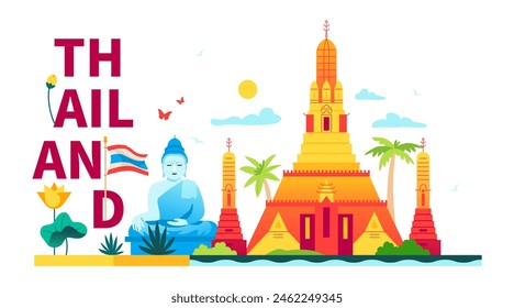 Upon arrival in Thailand - modern colored vector illustration with Sunrise Temple Wat Arun, Big Buddha statue in Phuket, national striped flag, tropical nature - palm trees, lotus and summer weather