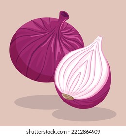 Ángulo superior de todo el vector de cebolla roja Ilustración | Ingredientes vegetales de cebolla semicortada Diseño plano aislado | Ingredientes de cocina naturales