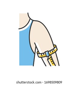 Upper arm circumference RGB color icon. Human body measurements, dimensions specification. Bespoke suit sleeve width determination. Isolated vector illustration