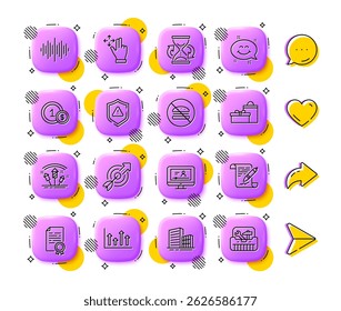 Upper arrows, Agreement document and Hourglass line icons. App 3d buttons. Social media comment, share, like icons. Pack of Online video, Buildings, Attention icon. Vector