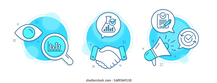 Upper arrows, Chemistry lab and Rfp line icons set. Handshake deal, research and promotion complex icons. Approved sign. Growth infochart, Laboratory flask, Request for proposal. Vector