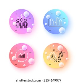 Upper arrows, Meeting and Engineering minimal line icons. 3d spheres or balls buttons. Update data icons. For web, application, printing. Growth infochart, Business collaboration, Construction. Vector