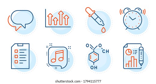 Upper arrows, Musical note and Talk bubble signs. Alarm clock, Chemical formula and Chemistry pipette line icons set. Report document, Checklist symbols. Time, Chemistry. Education set. Vector