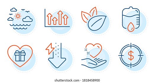 Upper arrows, Organic product and Travel sea signs. Drop counter, Energy drops and Dollar target line icons set. Romantic gift, Hold heart symbols. Medical equipment, Power usage. Vector