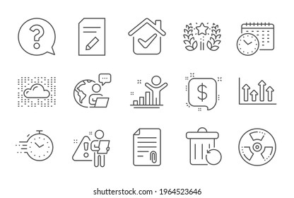 Upper arrows, Ranking and Chemical hazard line icons set. Payment message, Recovery trash and Edit document signs. Cloud system, Question mark and Timer symbols. Line icons set. Vector