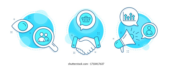 Upper arrows, Shopping cart and Avatar line icons set. Handshake deal, research and promotion complex icons. Users sign. Growth infochart, Dreaming of gift, User profile. Couple of people. Vector