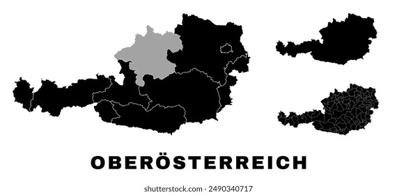 Upper Austria map, Austrian state. Austria administrative division, provinces, boroughs, and municipalities.