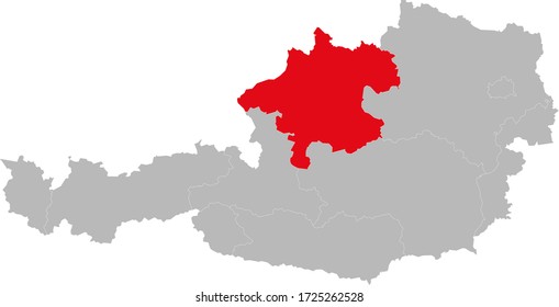 Alta provincia de Austria destacada en el mapa de Austria. Fondo gris claro.