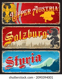 Upper Austria, Salzburg and Styria austrian regions plates or stickers, vector tin signs. Federal land metal plates with landmarks and region map or national emblems of Austria lands, luggage tags